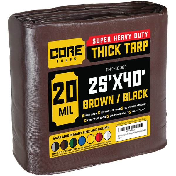Core Tarps 40 ft L x 0.5 mm H x 25 ft W Heavy Duty 20 Mil Tarp, Brown/Black, Polyethylene CT-702-25X40